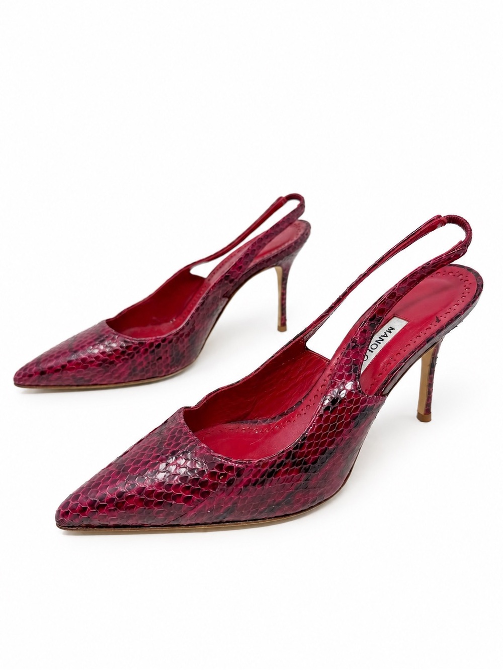Manolo Blahnik Snakeskin Slingback Pointed Toe Heels Womens Size EU 37